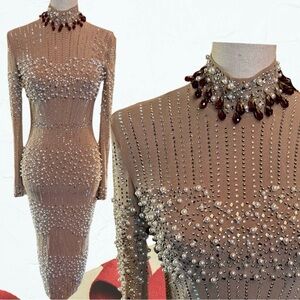 Nude Illusion Crystal Pearl Beaded Embellished Long Sleeve One Of A Kind Dress